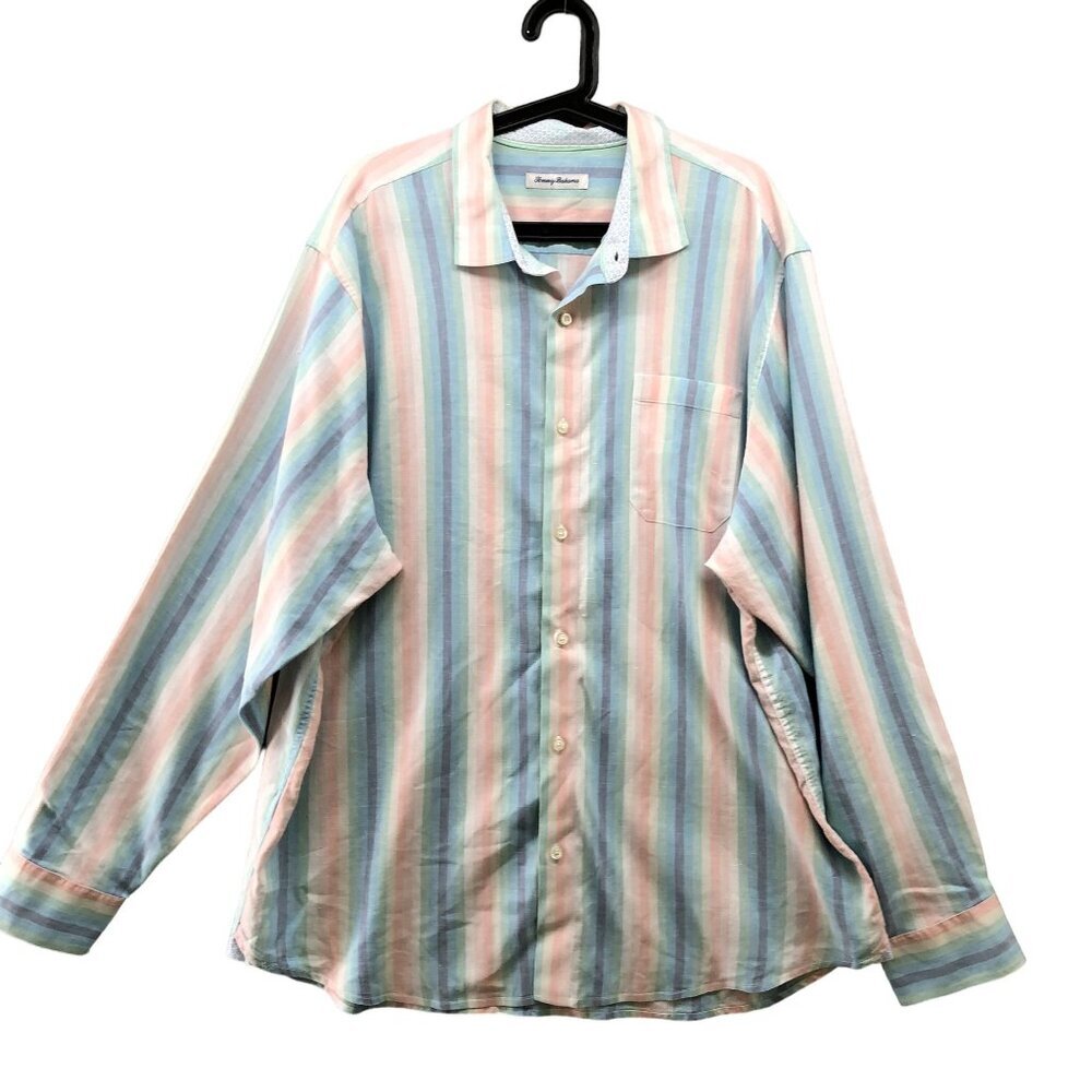 Tommy Bahama Linen Blend Shirt Mens 2XL Long Sleeve Button Down Striped Pastel